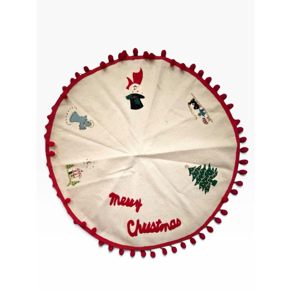 Vintage Felt Sequin Christmas Tree Skirt Small 27” Merry Christmas Pom Poms - Picture 2 of 9
